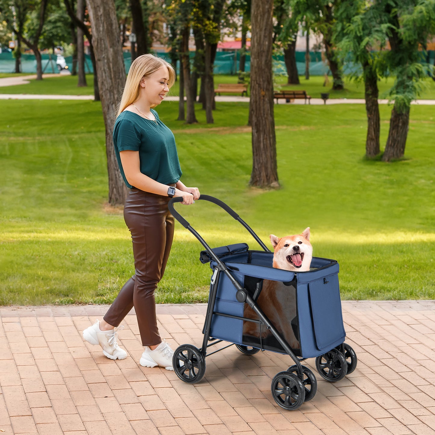 Folding Pet Stroller for Small and Medium Pets with Breathable Mesh andx One-Button Foldable