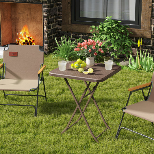 Folding Picnic Table with Rattan Grain HDPE Tabletop and Sturdy Metal Fame-Coffee
