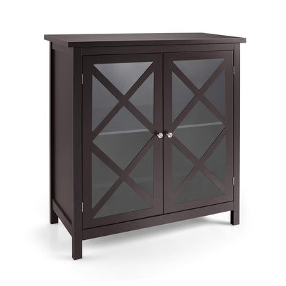 Freestanding Kitchen Buffet Cabinet with Glass Doors and Adjustable Shelf-Brown