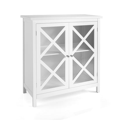 Freestanding Kitchen Buffet Cabinet with Glass Doors and Adjustable Shelf-White