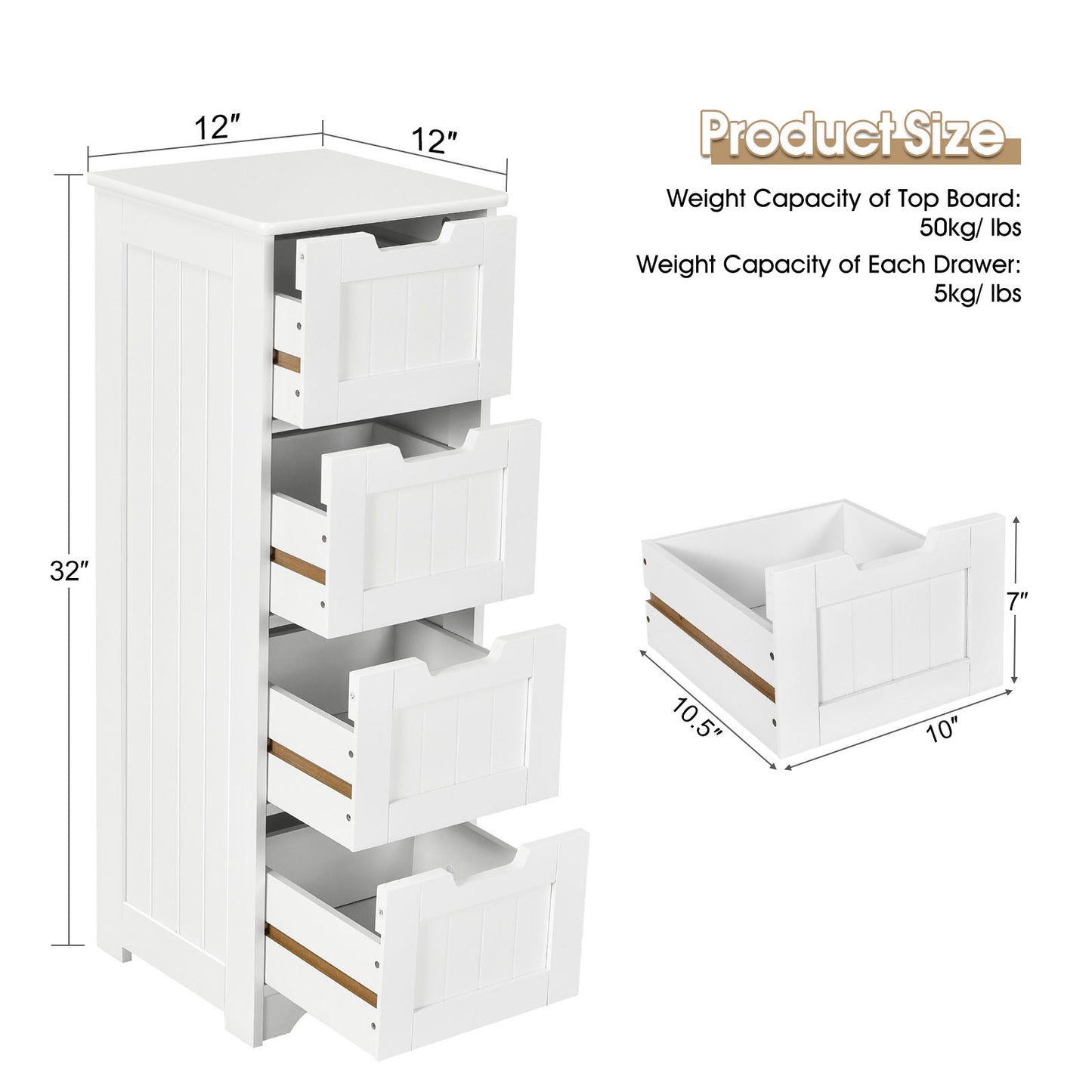 Free-Standing Side Storage Organizer with 4 Drawers-White