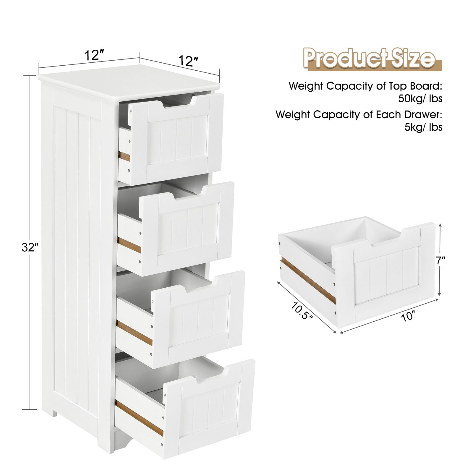 Free-Standing Side Storage Organizer with 4 Drawers-White