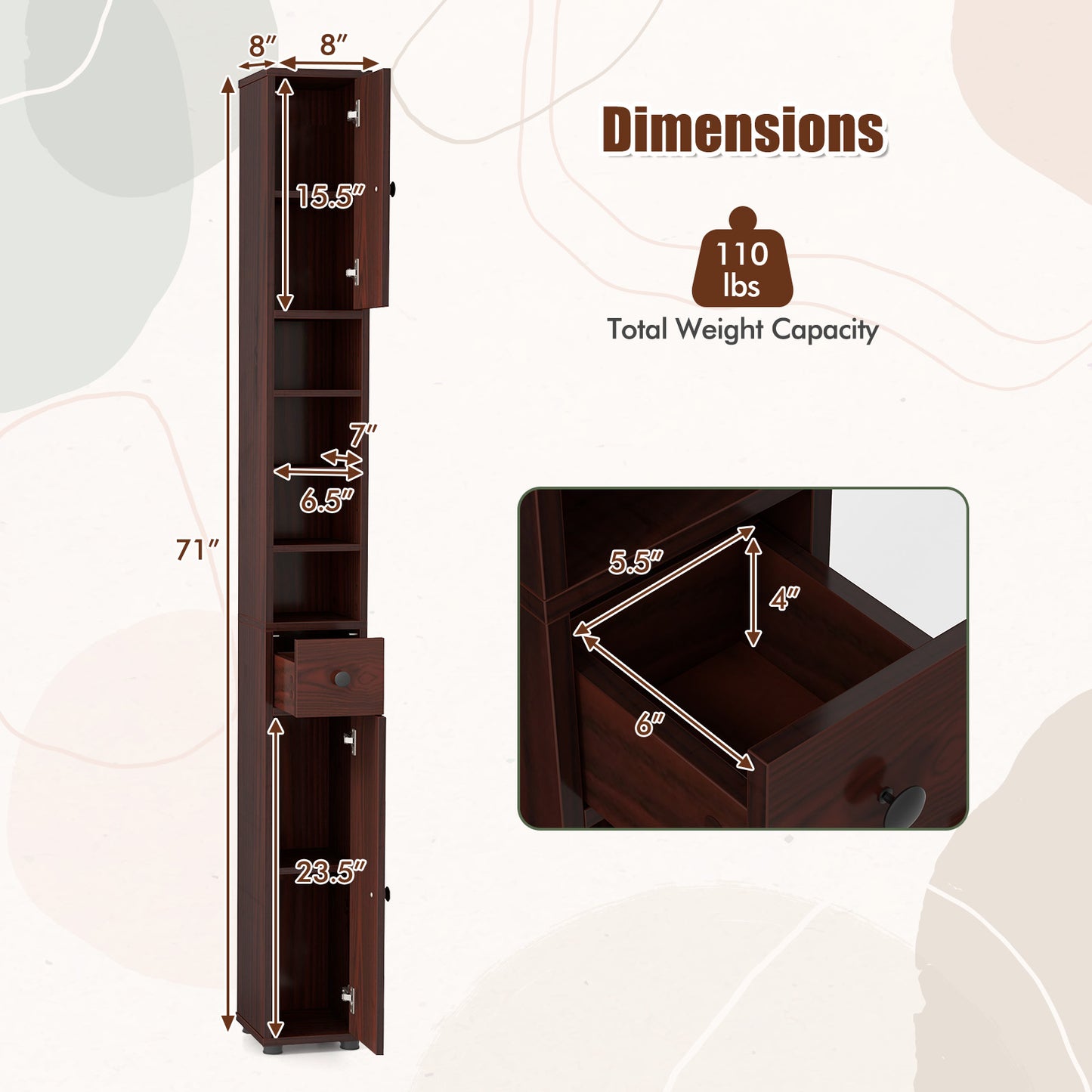Freestanding Slim Bathroom Cabinet with Drawer and Adjustable Shelves