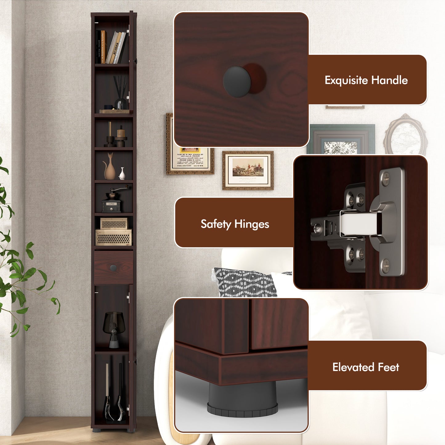 Freestanding Slim Bathroom Cabinet with Drawer and Adjustable Shelves