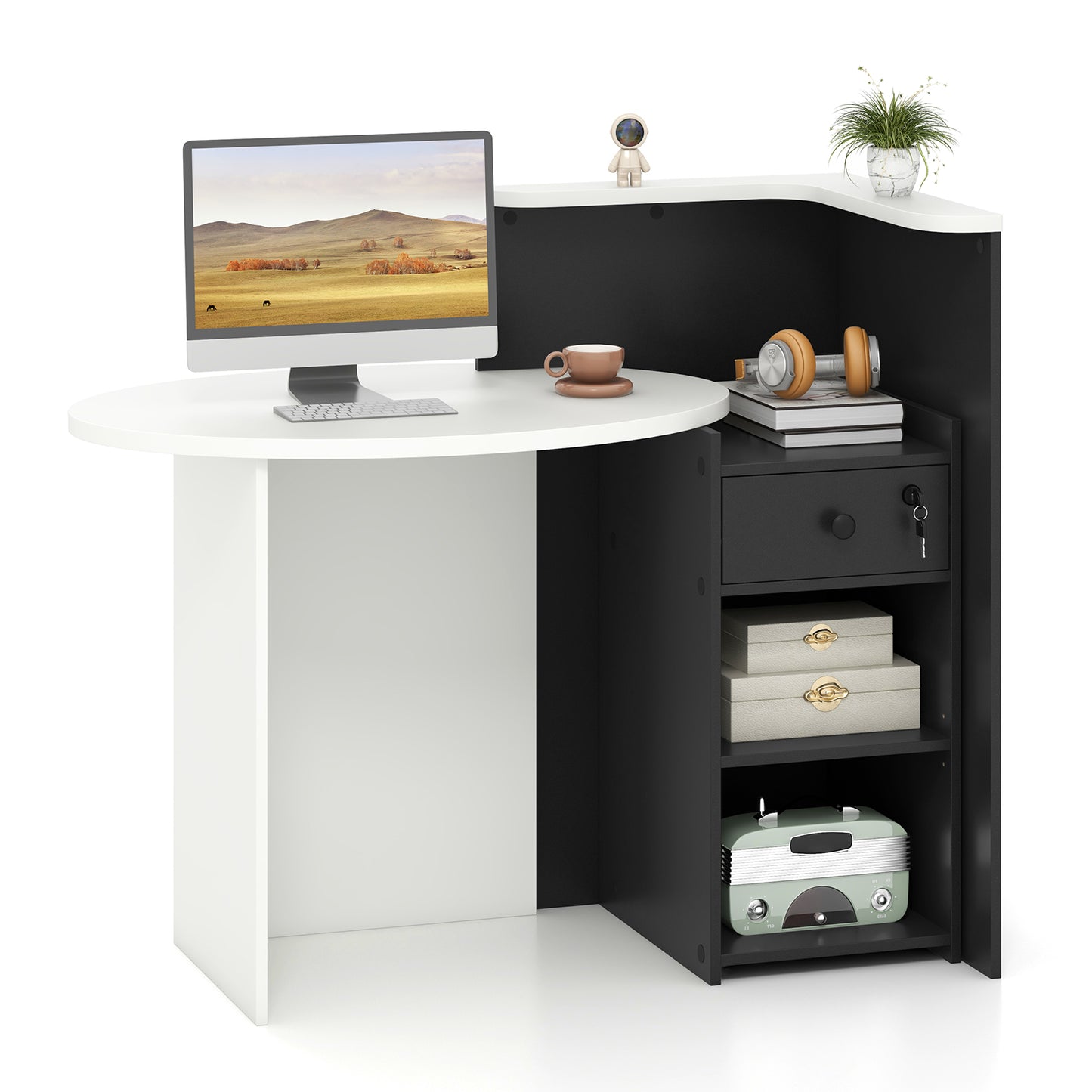 Front Reception Office Desk with Open Shelf and Drawer-Brown & White - Black & White
