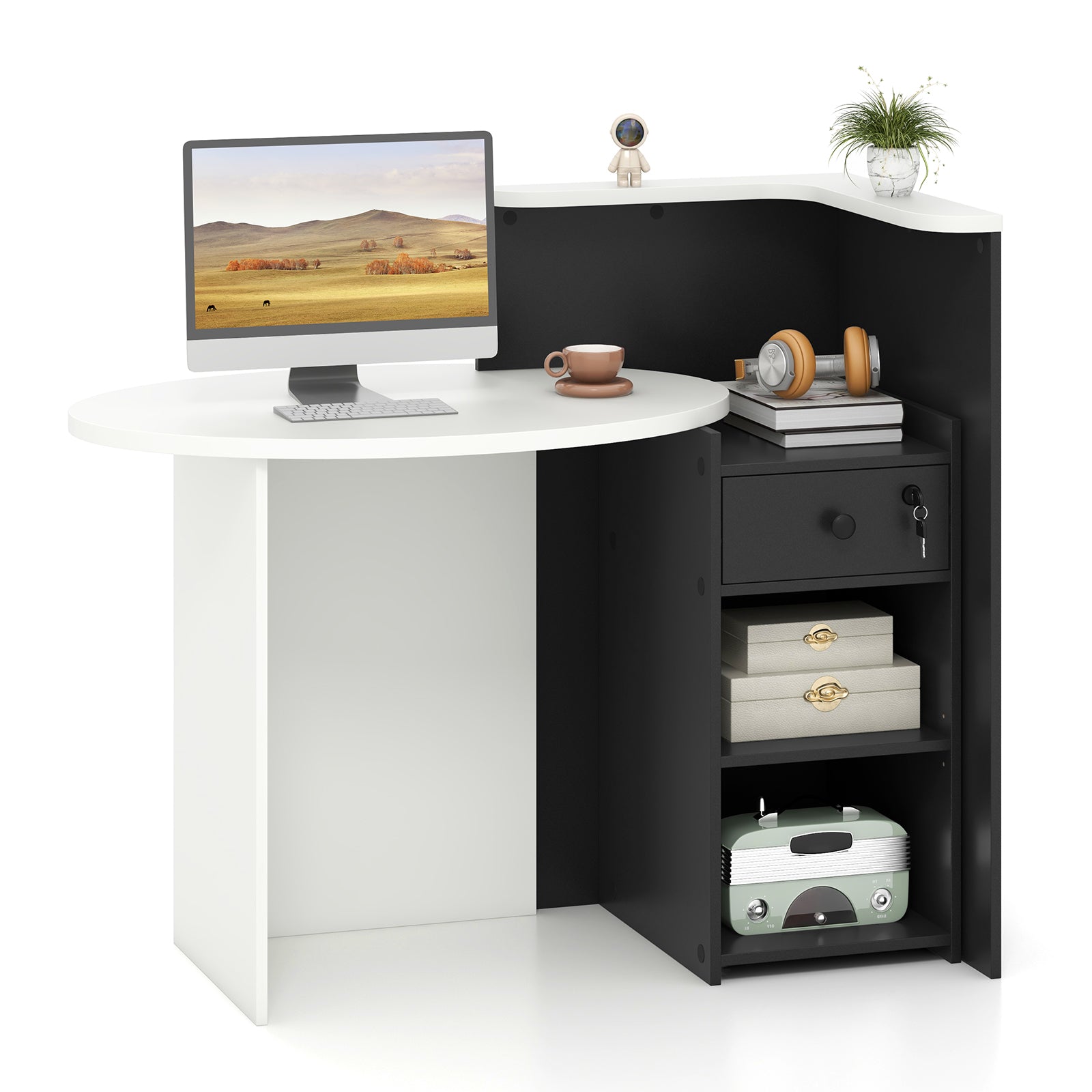 Front Reception Office Desk with Open Shelf and Drawer-Brown & White - Black & White