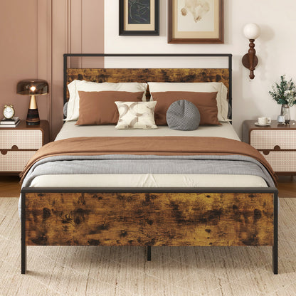 King Metal Bed Frame Industrial Platform Bed with Wooden Headboard