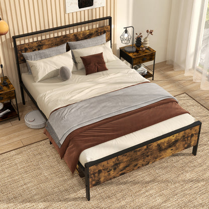 King Metal Bed Frame Industrial Platform Bed with Wooden Headboard