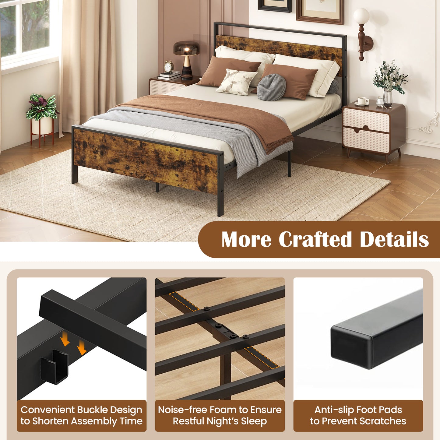 King Metal Bed Frame Industrial Platform Bed with Wooden Headboard
