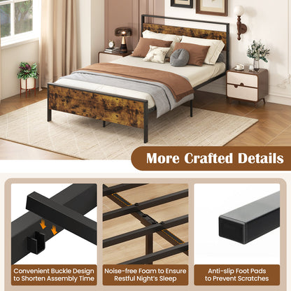 King Metal Bed Frame Industrial Platform Bed with Wooden Headboard