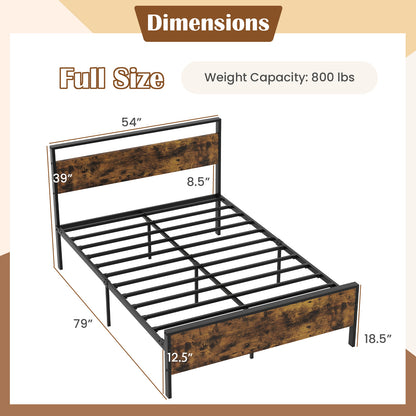 King Metal Bed Frame Industrial Platform Bed with Wooden Headboard