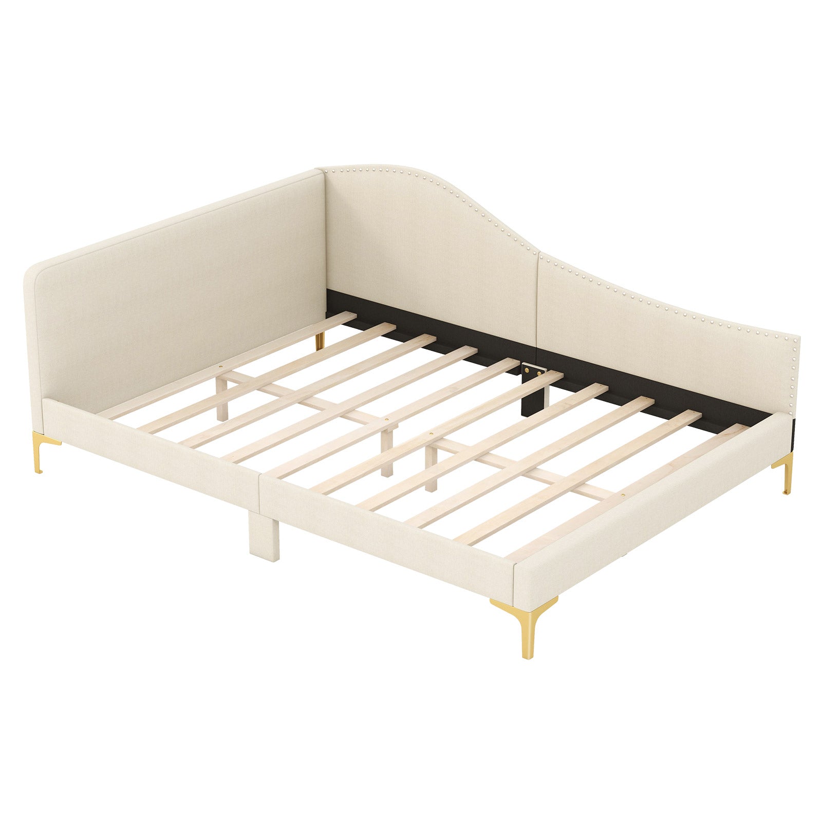 Full/Twin Size Upholstered Daybed with Metal Legs and Wood Slats-Full Size - Full Size
