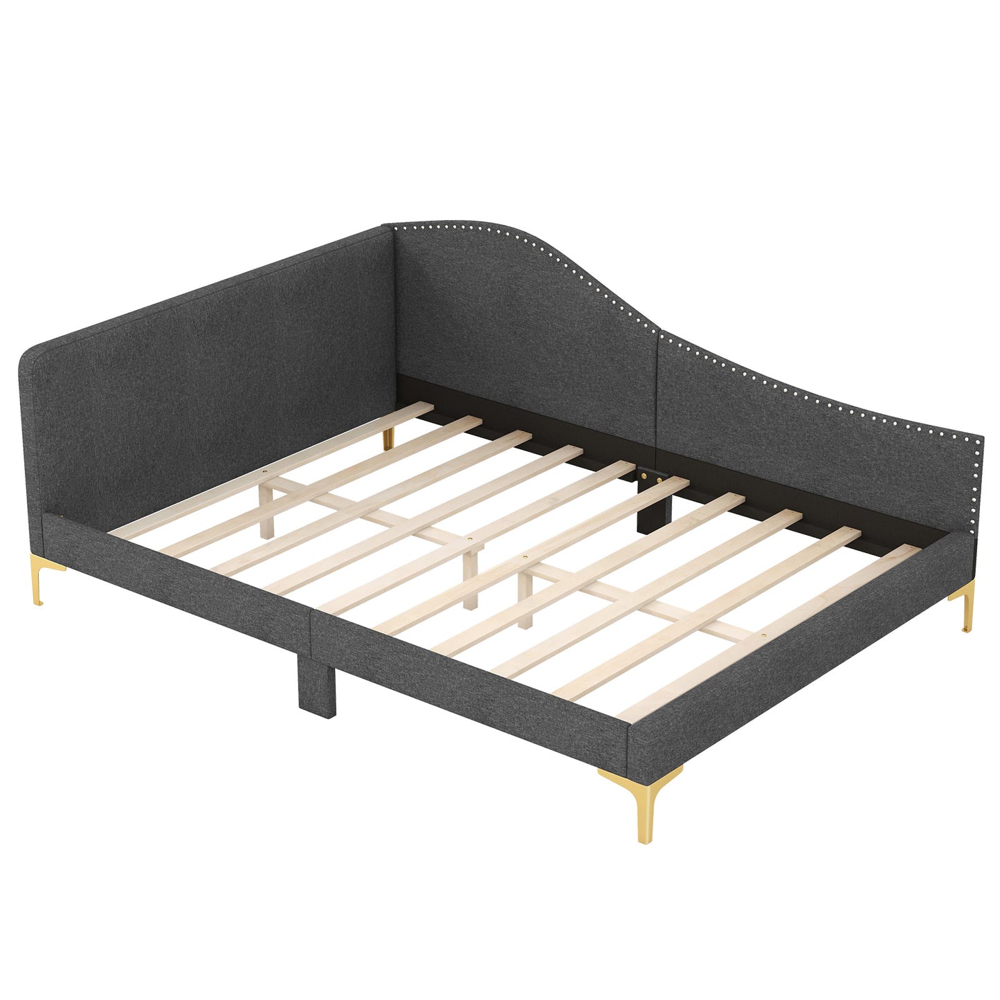 Full/Twin Size Rivet-Tufted Platform Bed with Metal Legs and Wood Slats-Full Size - Full Size