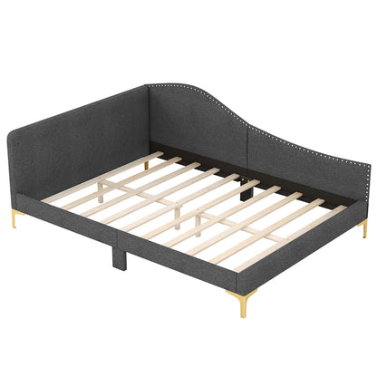 Full/Twin Size Rivet-Tufted Platform Bed with Metal Legs and Wood Slats-Full Size - Full Size