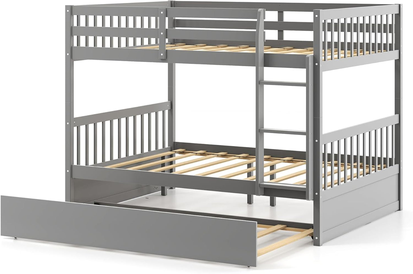 Full over Full Bunk Bed Platform Wood Bed with Ladder-Brown - Gray