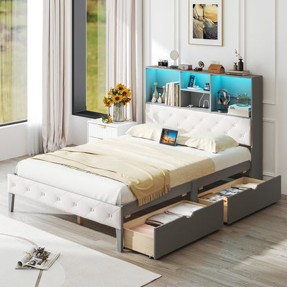 Full Size Bed Frame with Bookcase Headboard and LED Lights-Gray
