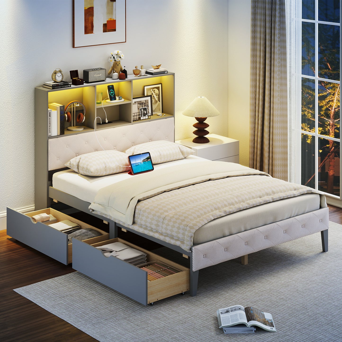 Full Size Bed Frame with Bookcase Headboard and LED Lights-Gray