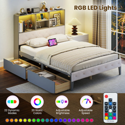 Full Size Bed Frame with Bookcase Headboard and LED Lights-Gray