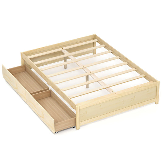 Full Size Wooden Bed Frame with 2 Rolling Storage Drawers-White - Natural