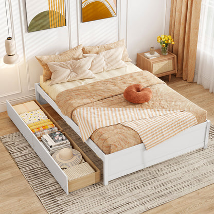 Full Size Wooden Bed Frame with 2 Rolling Storage Drawers