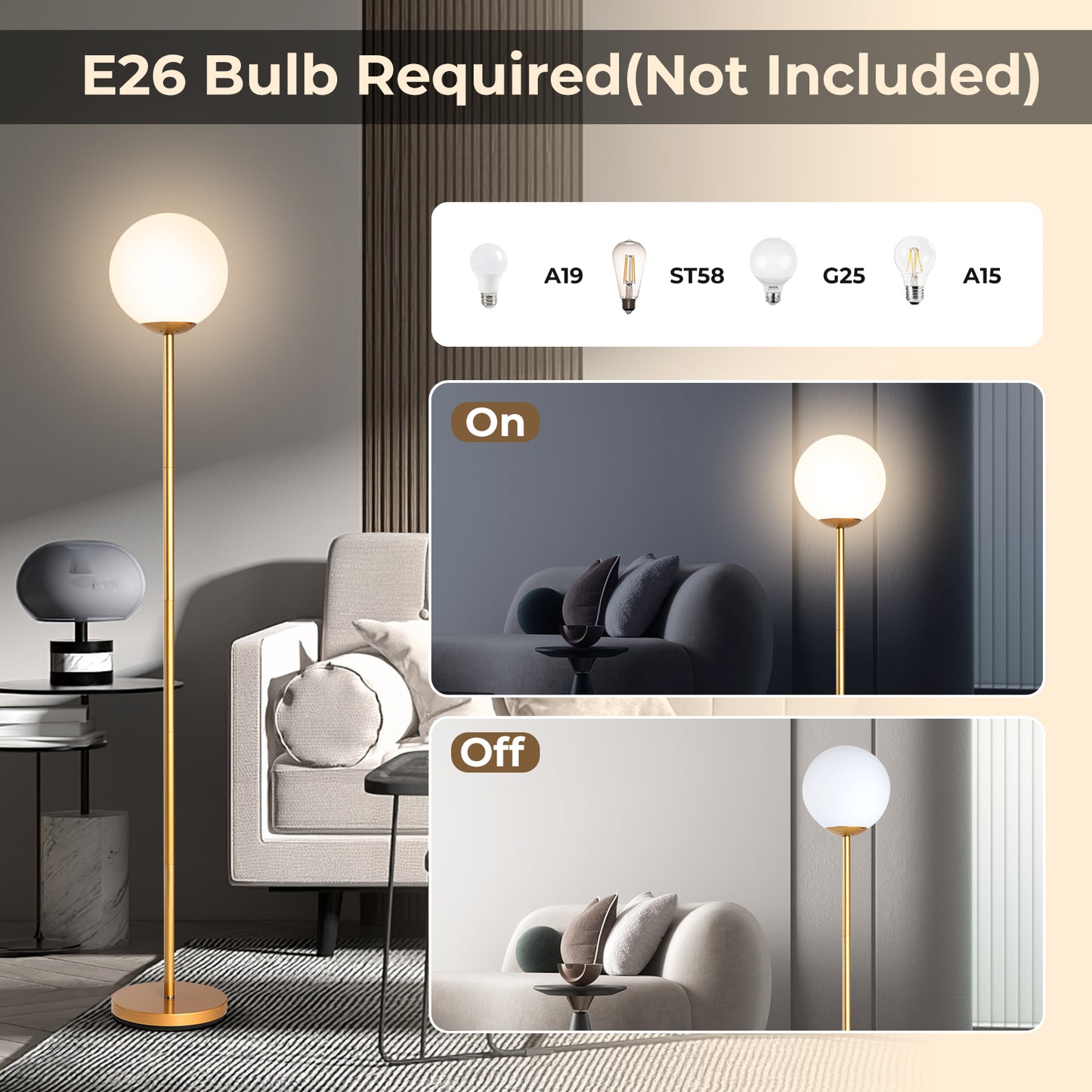 Glass Globe LED Floor Lamp with Glass Lampshade-Golden