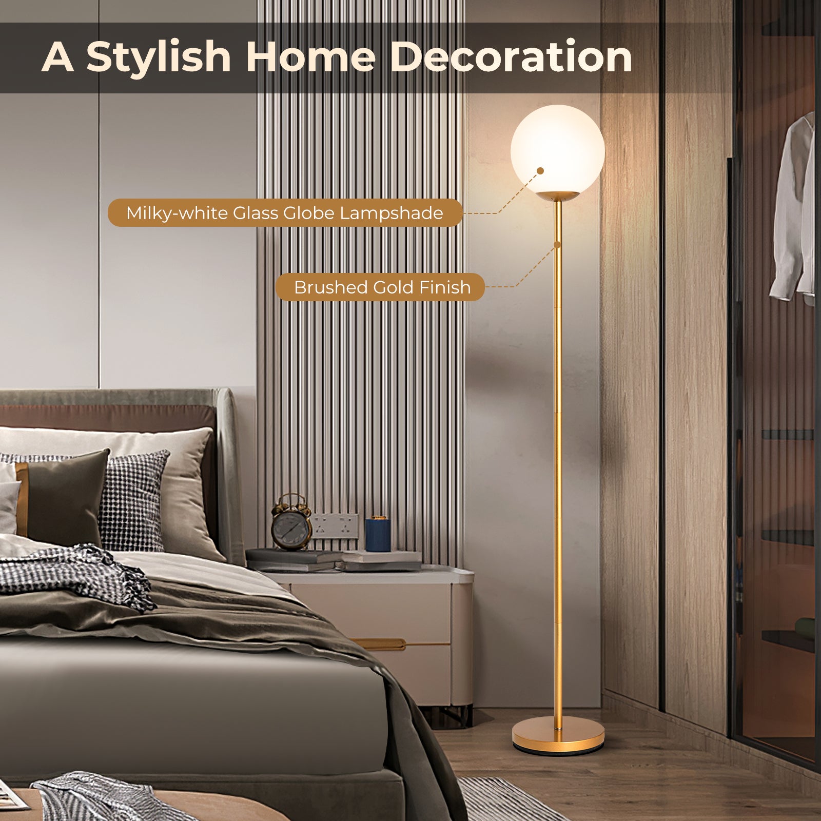 Glass Globe LED Floor Lamp with Glass Lampshade-Golden