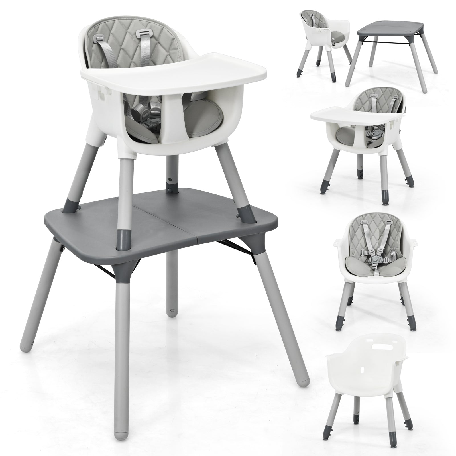 4-in-1 Baby Convertible Toddler Table Chair Set with PU Cushion-Beige - Gray
