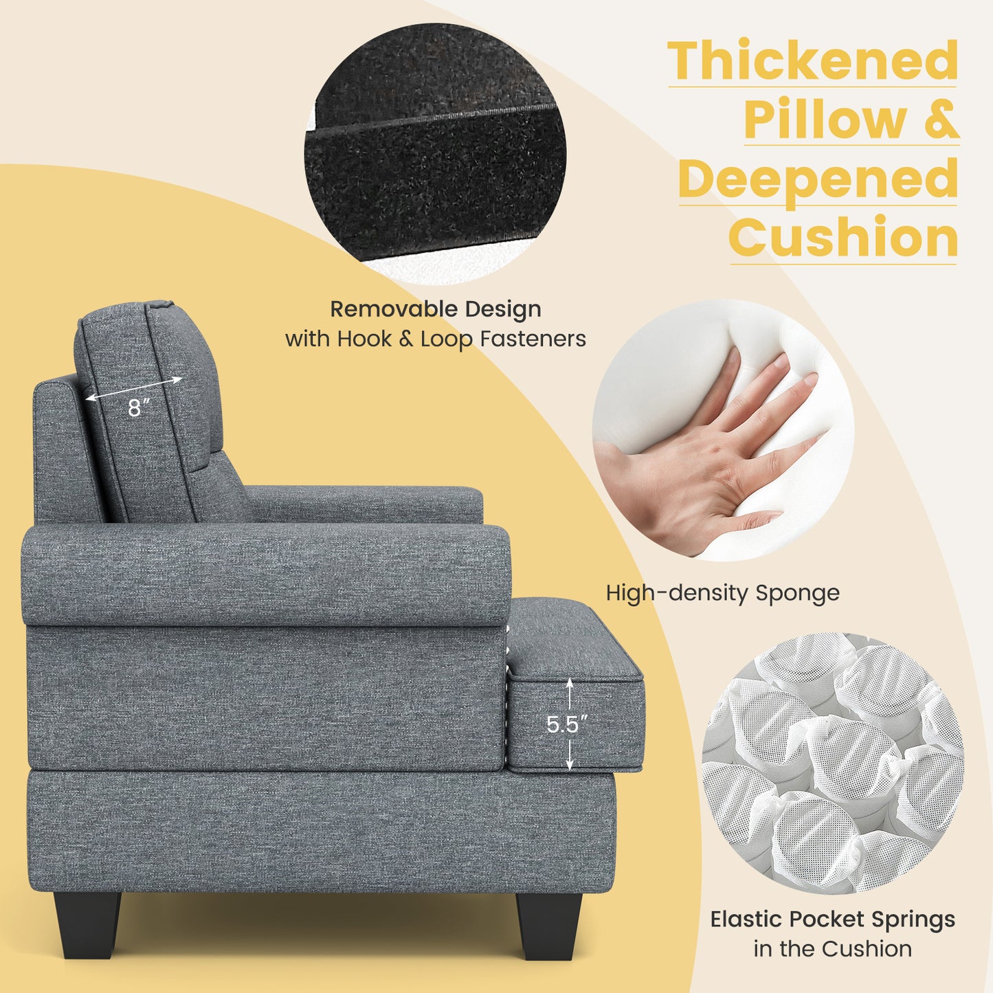 Mid-century Modern Accent Armchair Tufted Linen Club Chair-Gray