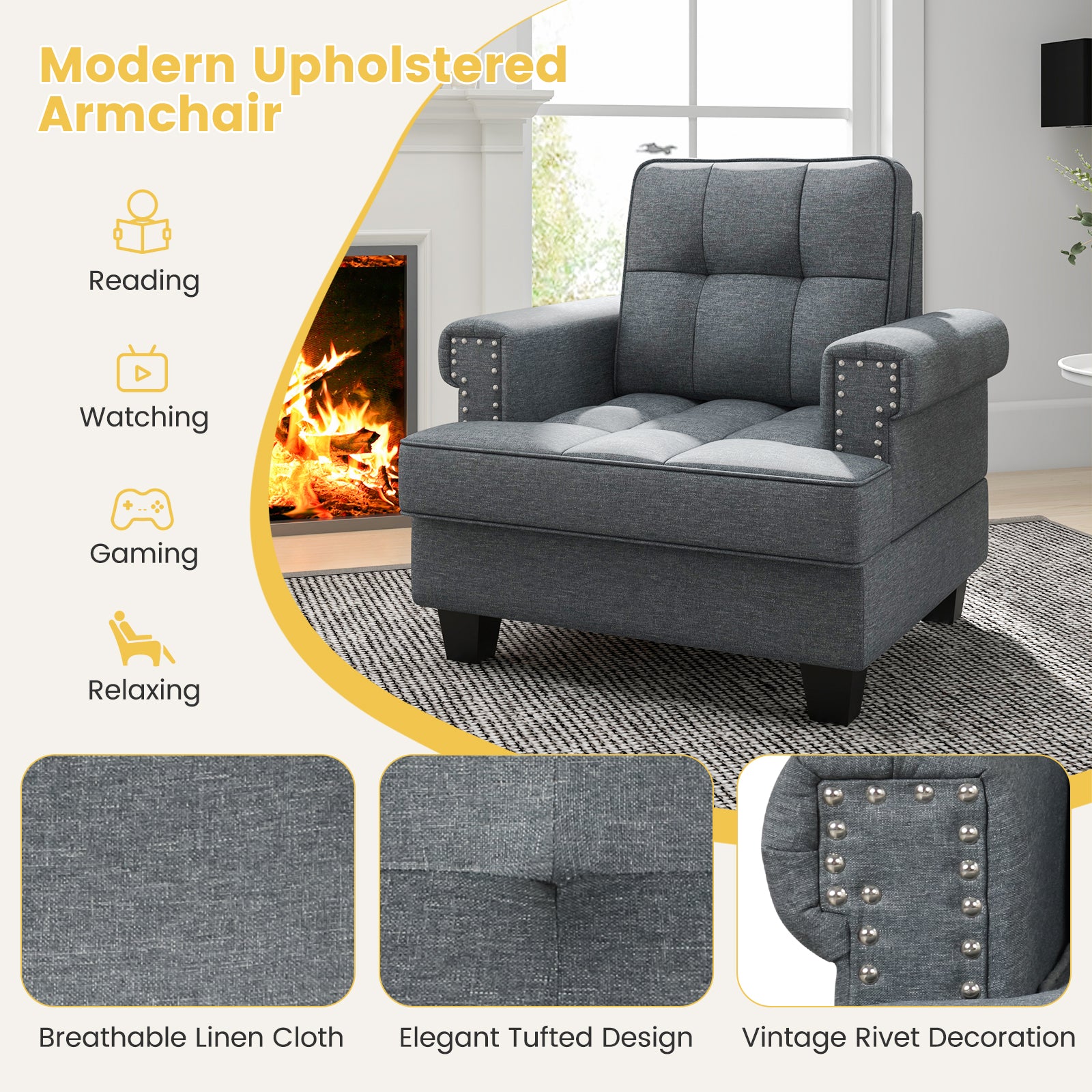 Mid-century Modern Accent Armchair Tufted Linen Club Chair-Gray