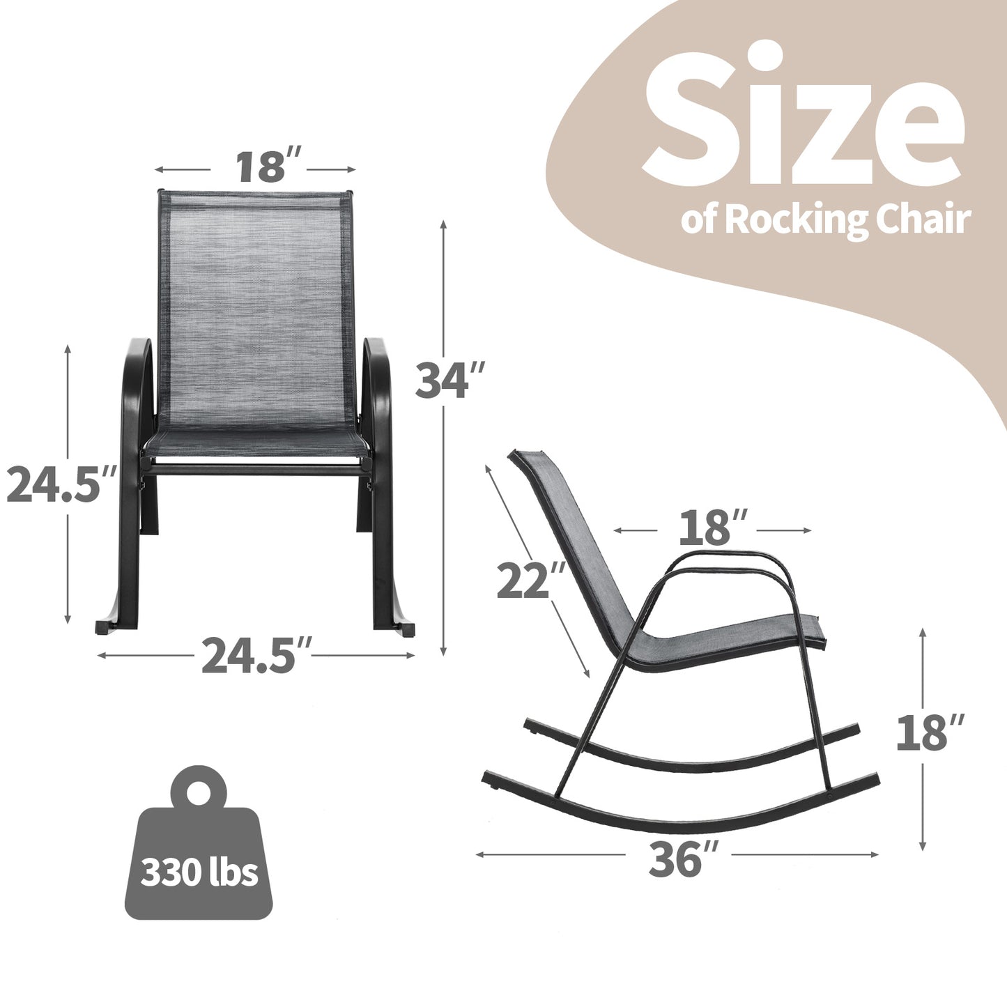 Set of 2 Metal Patio Rocking Chair with Breathable Seat Fabric-Gray