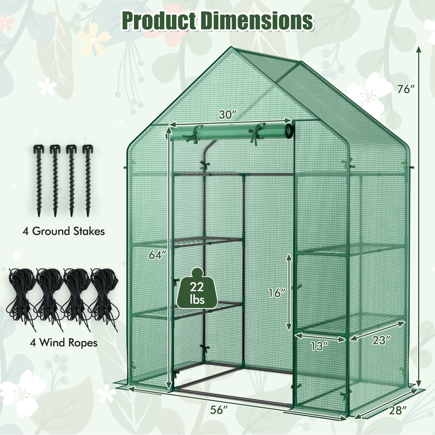 Portable 4 Tier Walk-in Plant Greenhouse with 8 Shelves