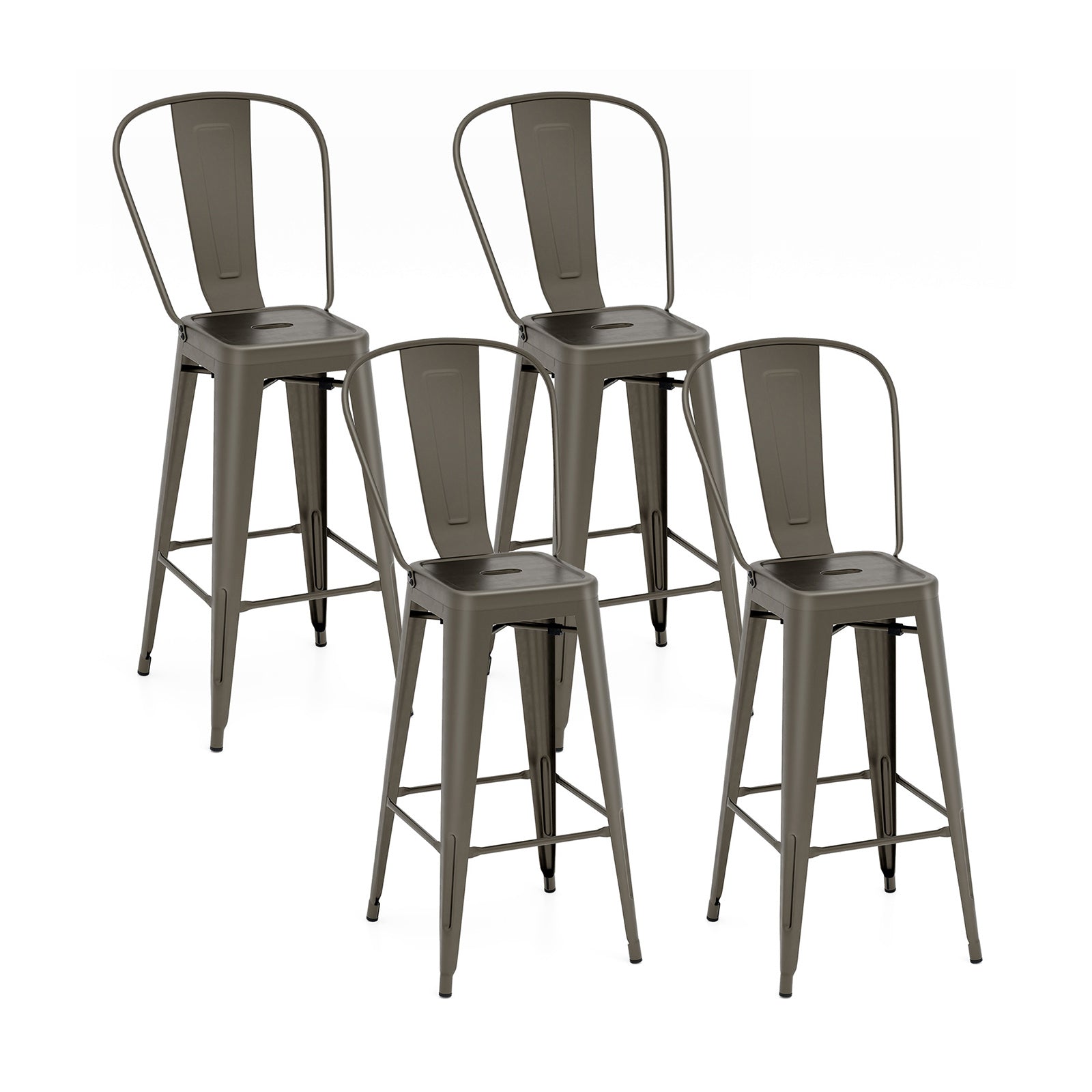 Set of 4 Bar Height Chairs Stackable Metal Bar Stools with Removable Backrest-Black - Gun
