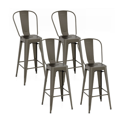 Set of 4 Bar Height Chairs Stackable Metal Bar Stools with Removable Backrest-Black - Gun