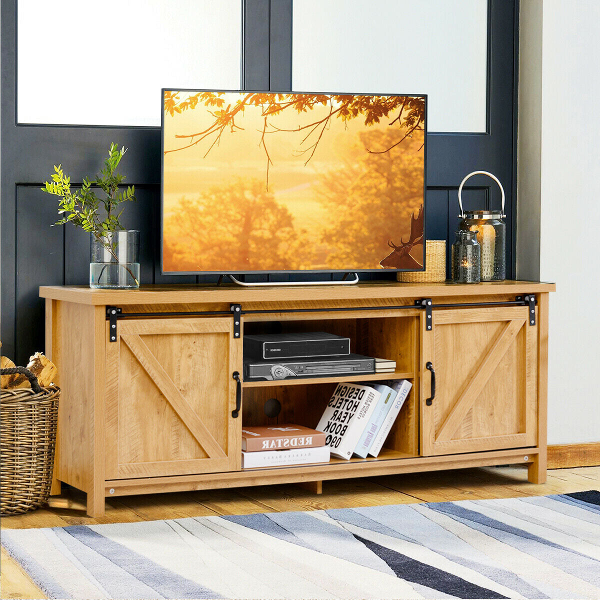 TV Stand Media Center Console Cabinet with Sliding Barn Door - Golden