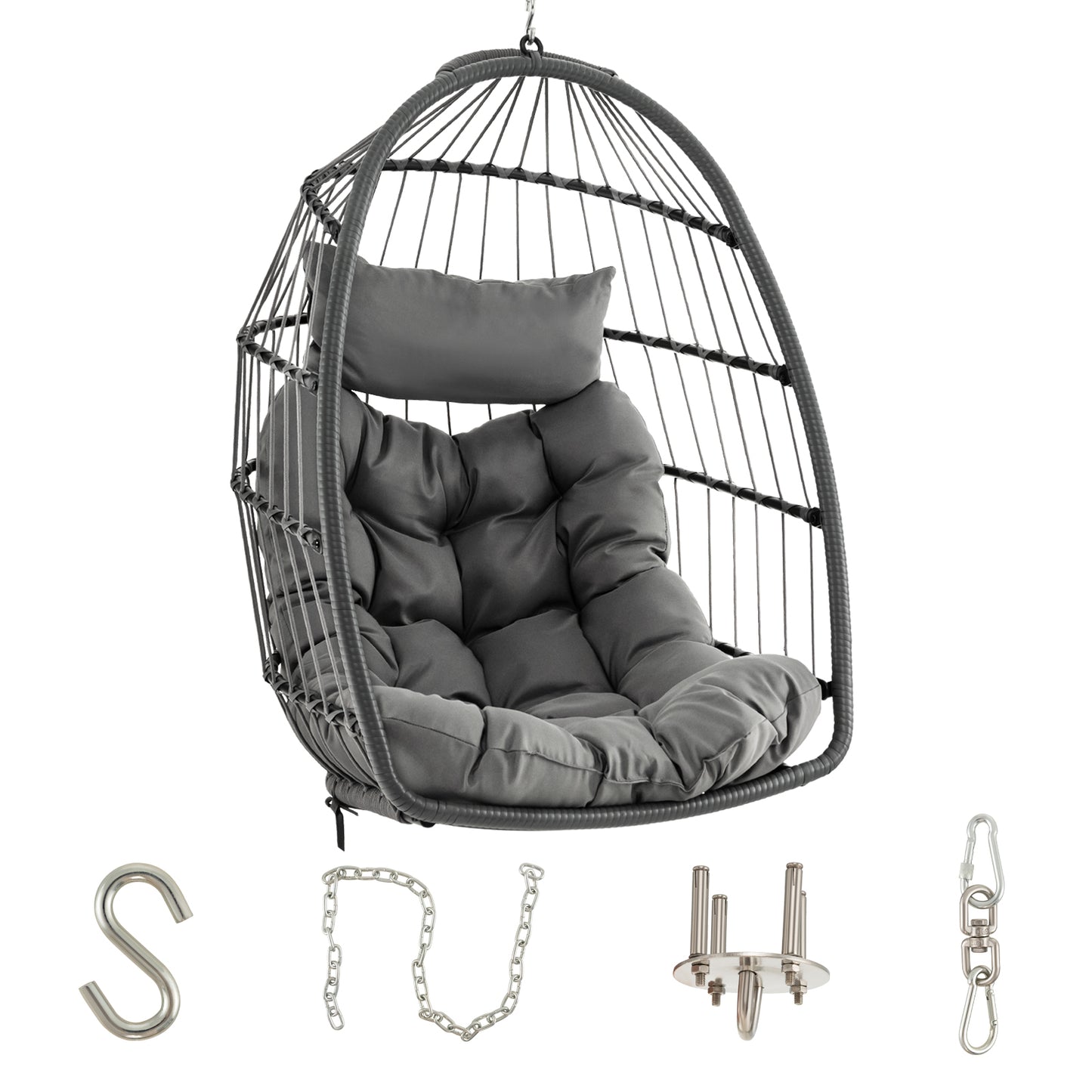 Hanging Egg Chair with Head Pillow and Large Seat Cushion-Gray