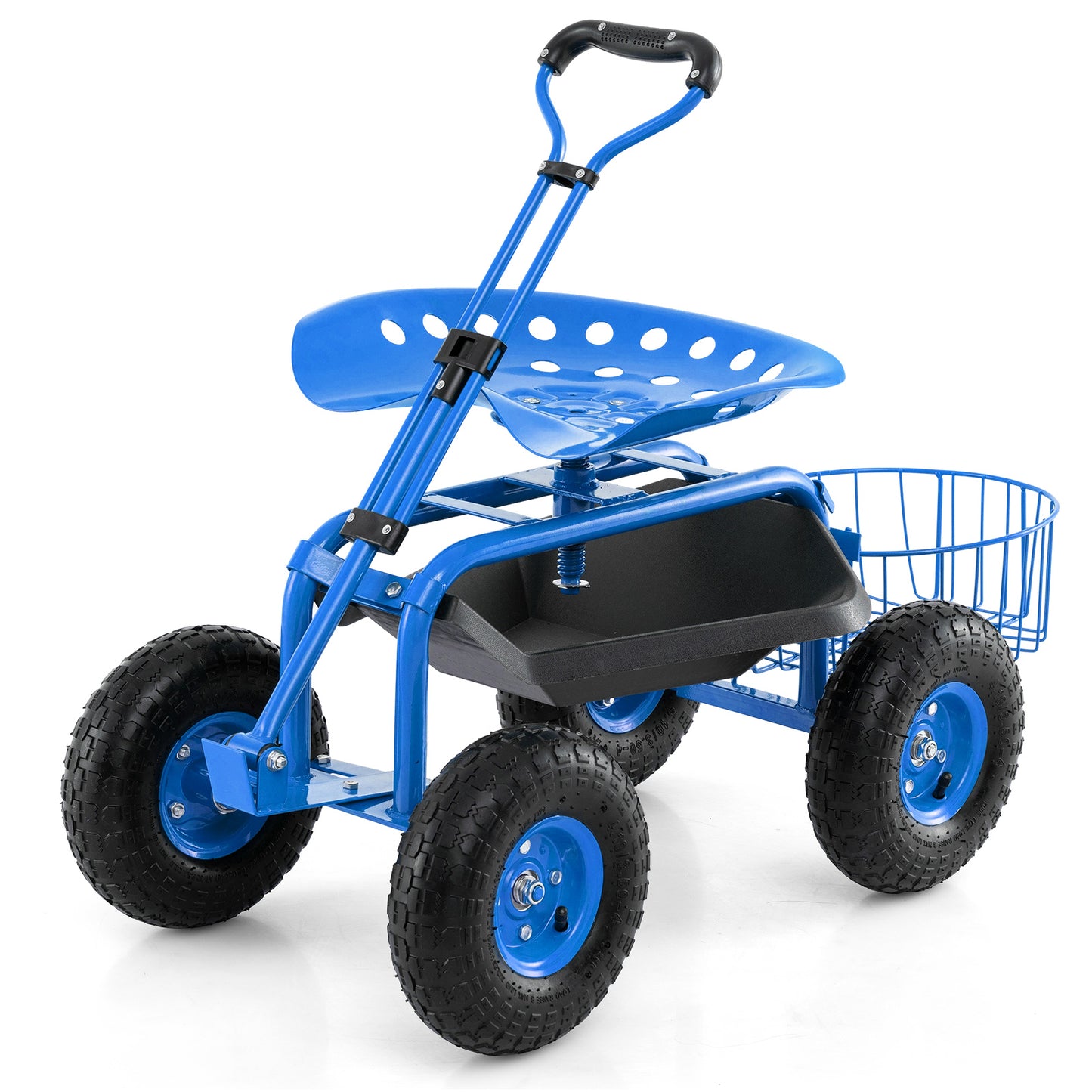 Heavy Duty Garden Cart with Tool Tray and 360 Swivel Seat-Green - Blue