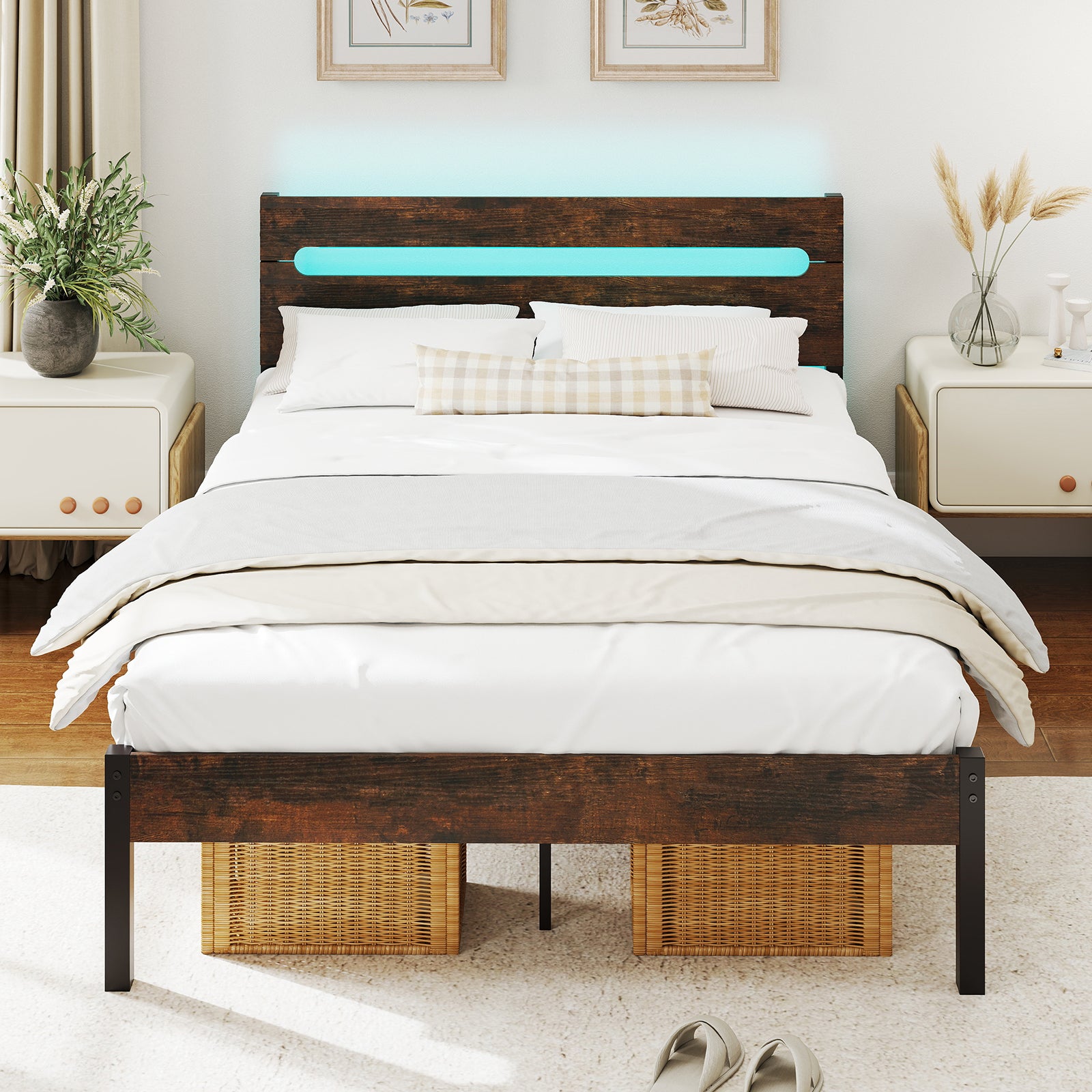 Heavy-Duty Metal Slats Support Bed Platform with Charging Station-Rustic Brown