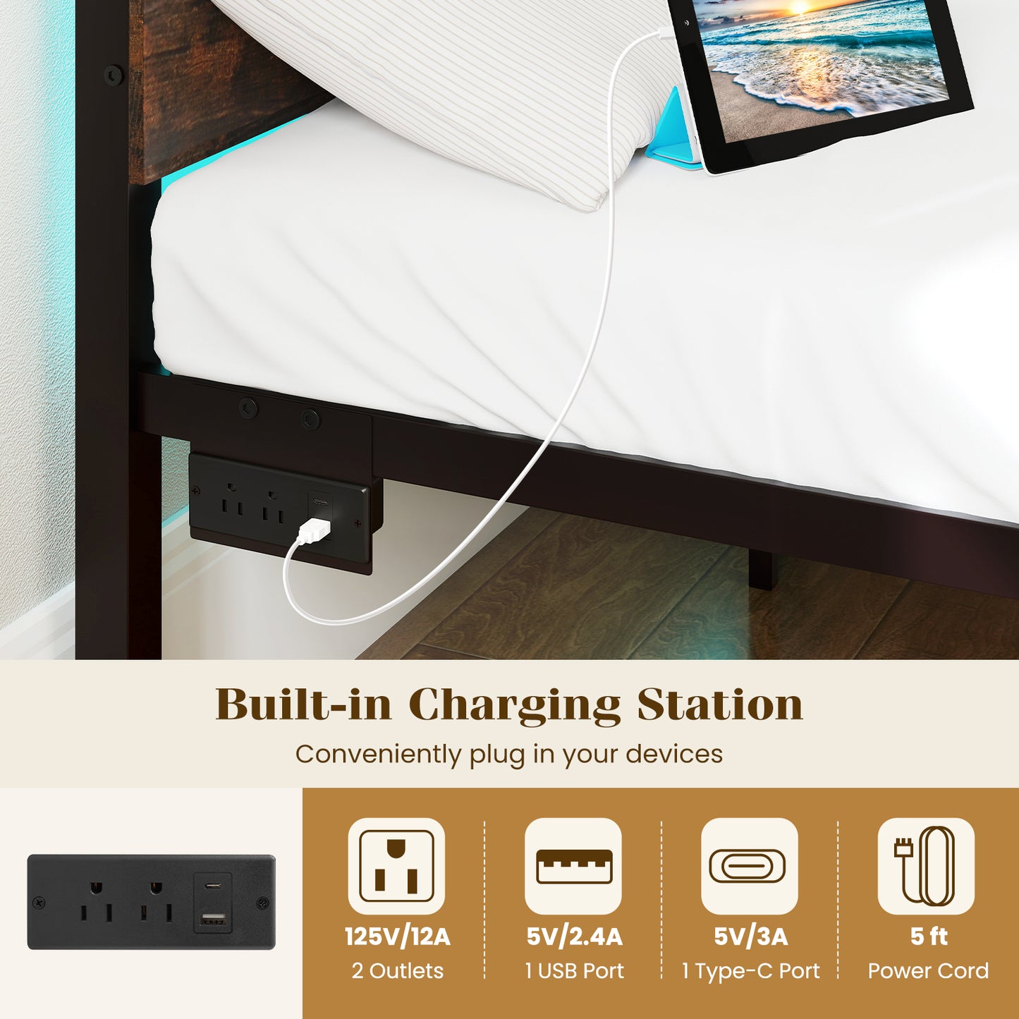 Heavy-Duty Metal Slats Support Bed Platform with Charging Station-Rustic Brown