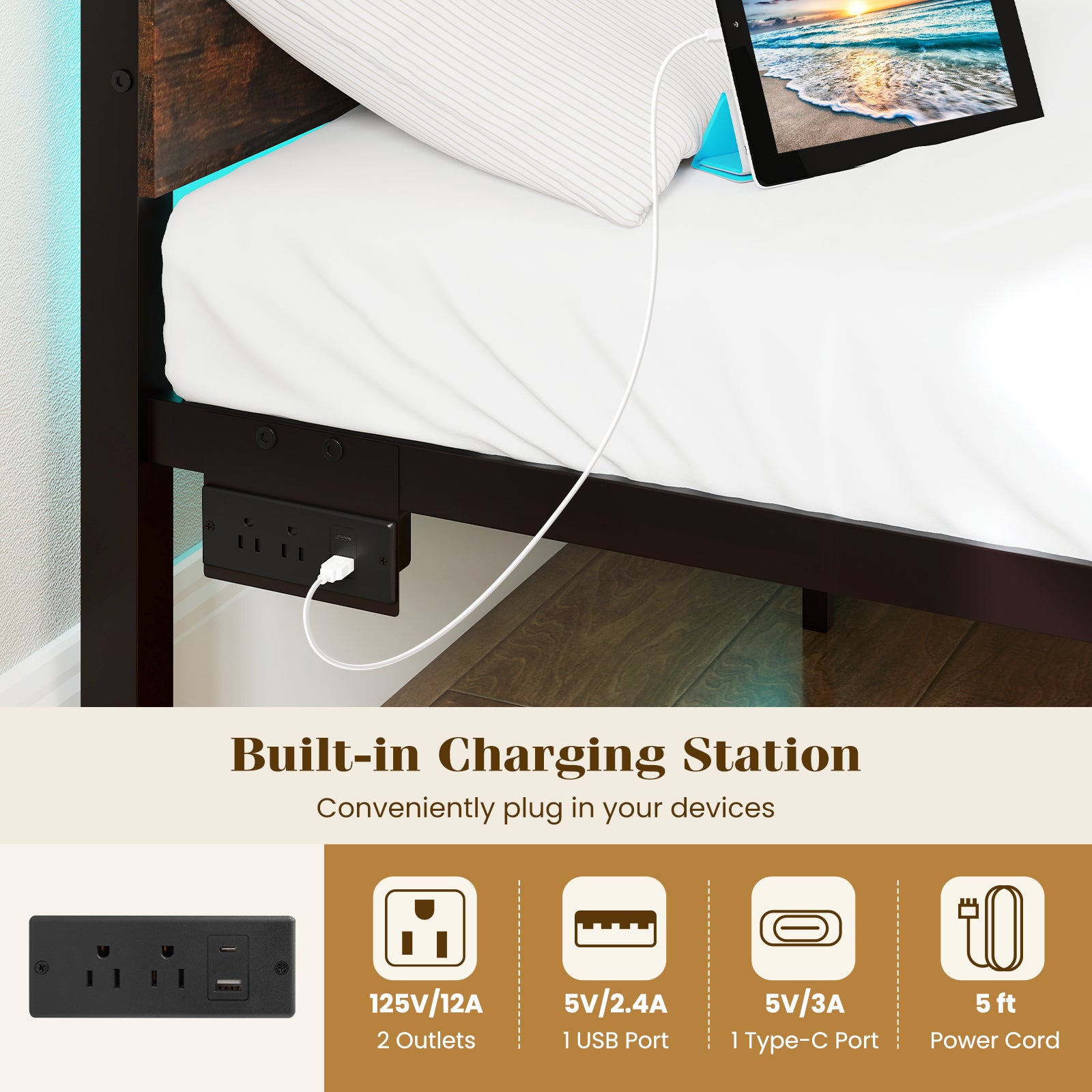 Heavy-Duty Metal Slats Support Bed Platform with Charging Station-Rustic Brown