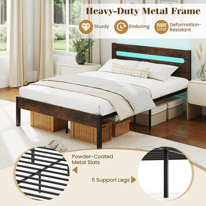 Heavy-Duty Metal Slats Support Bed Platform with Charging Station-Rustic Brown