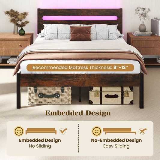 Heavy-Duty Metal Slats Support Bed Platform with Charging Station-Rustic Brown