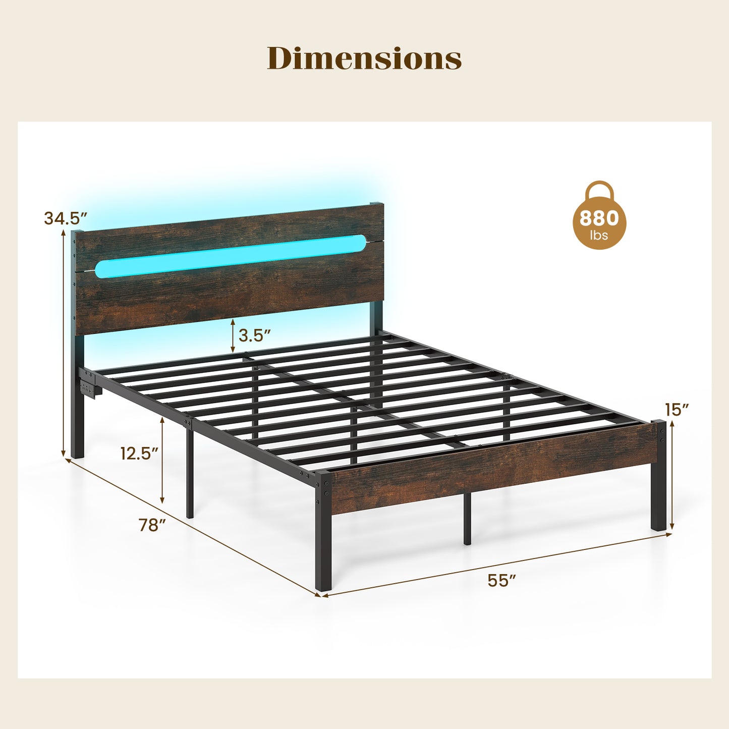 Heavy-Duty Metal Slats Support Bed Platform with Charging Station-Rustic Brown