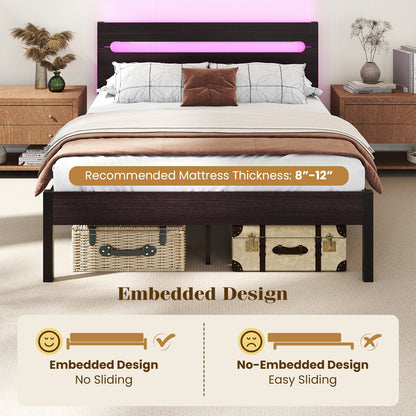 Heavy-Duty Metal Slats Support Bed Platform with Charging Station-Walunt