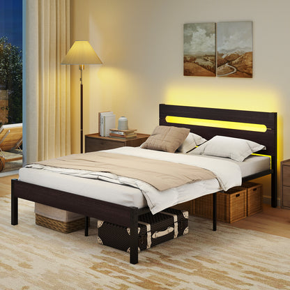 Heavy-Duty Metal Slats Support Bed Platform with Charging Station-Walunt