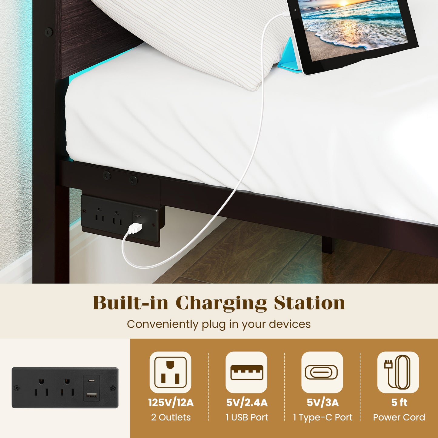 Heavy-Duty Metal Slats Support Bed Platform with Charging Station-Walunt
