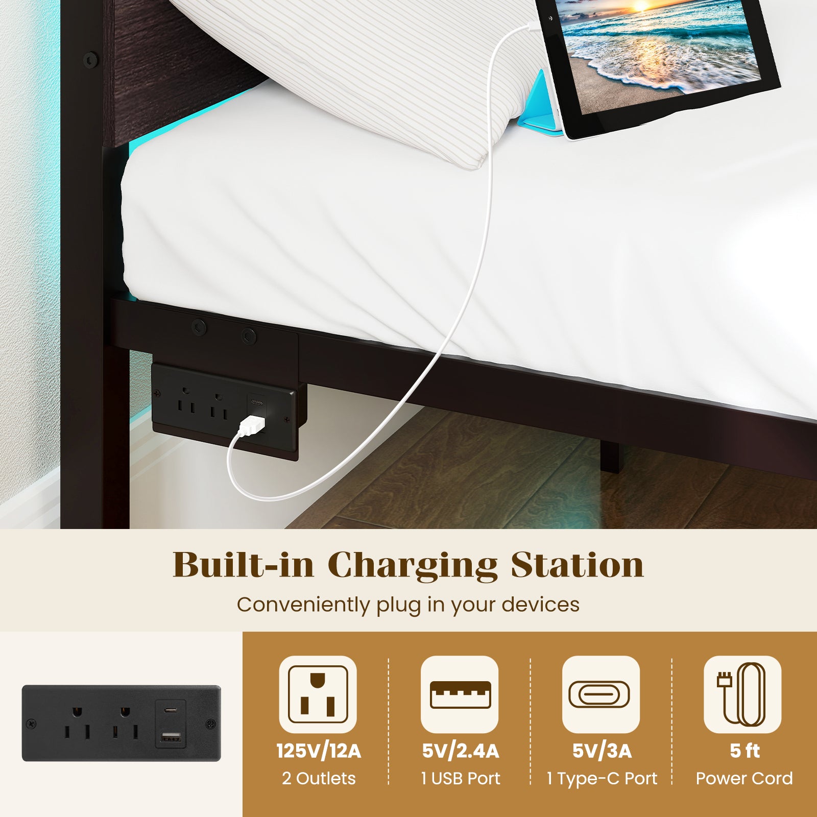 Heavy-Duty Metal Slats Support Bed Platform with Charging Station-Walunt