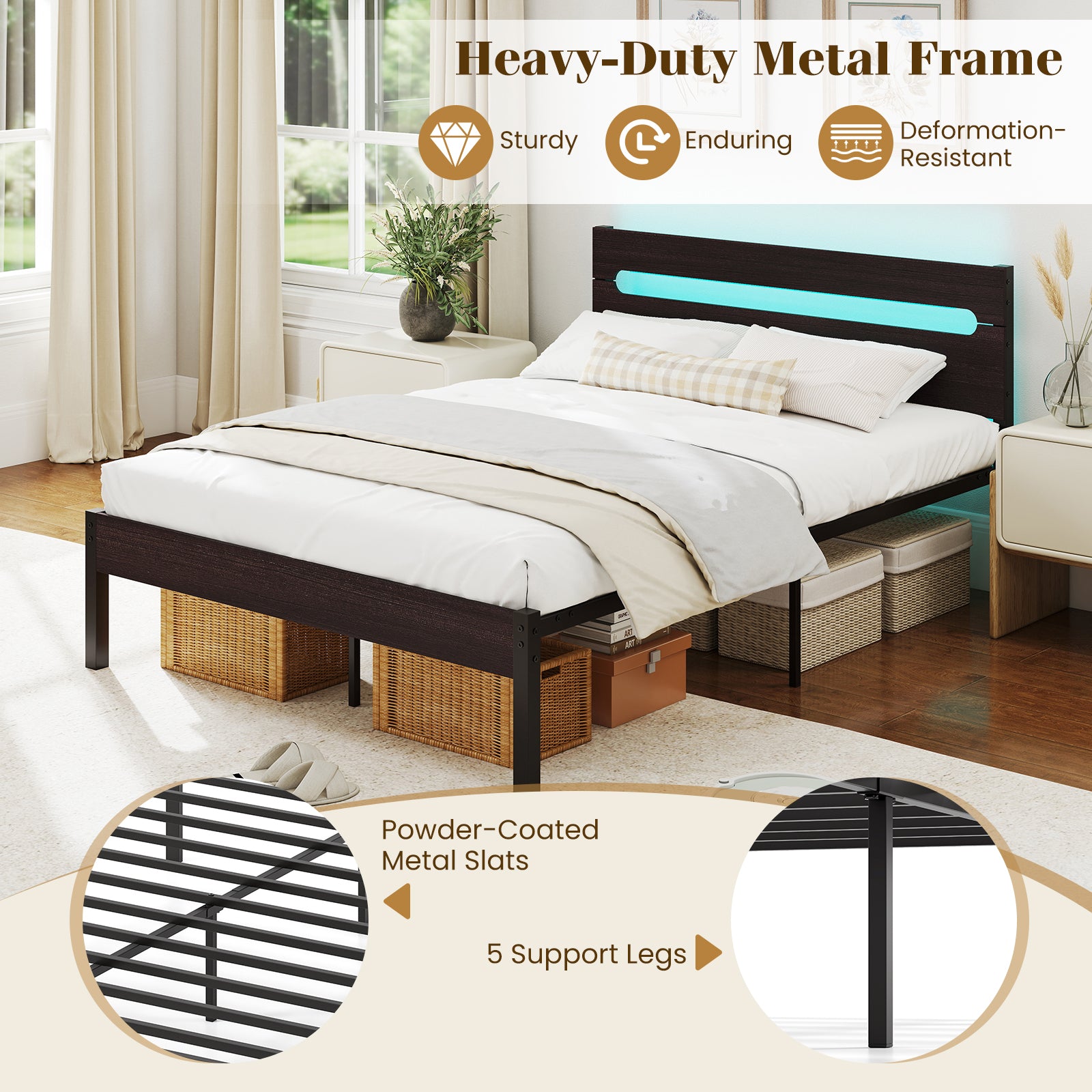 Heavy-Duty Metal Slats Support Bed Platform with Charging Station-Walunt