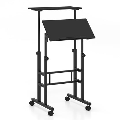 Mobile Standing Desk Height-Adjustable Laptop Cart with Split Top and Hanging Hooks-White - Black