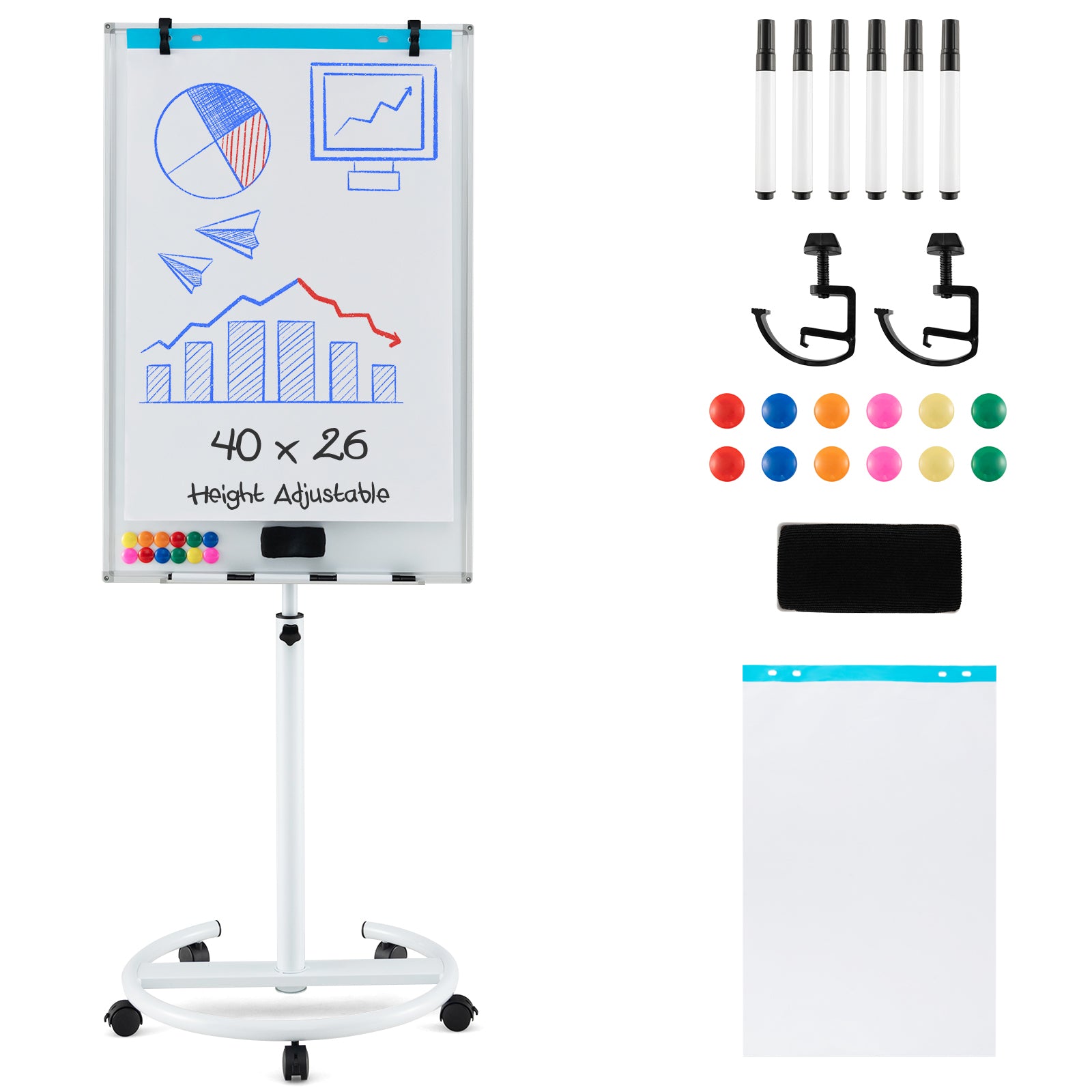 Height-Adjustable Mobile Whiteboard with Round Stand Paper Clips-White - White