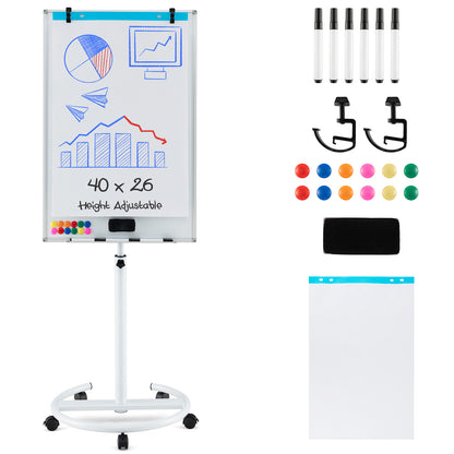 Height-Adjustable Mobile Whiteboard with Round Stand Paper Clips-White - White